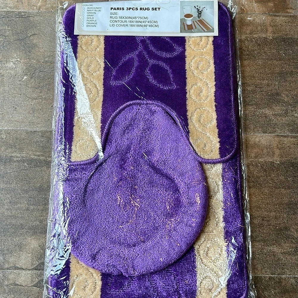 Purple 3pc Bathmat Set Non-Slip Absorbent mat and contour rugs, Toilet Lid Cover